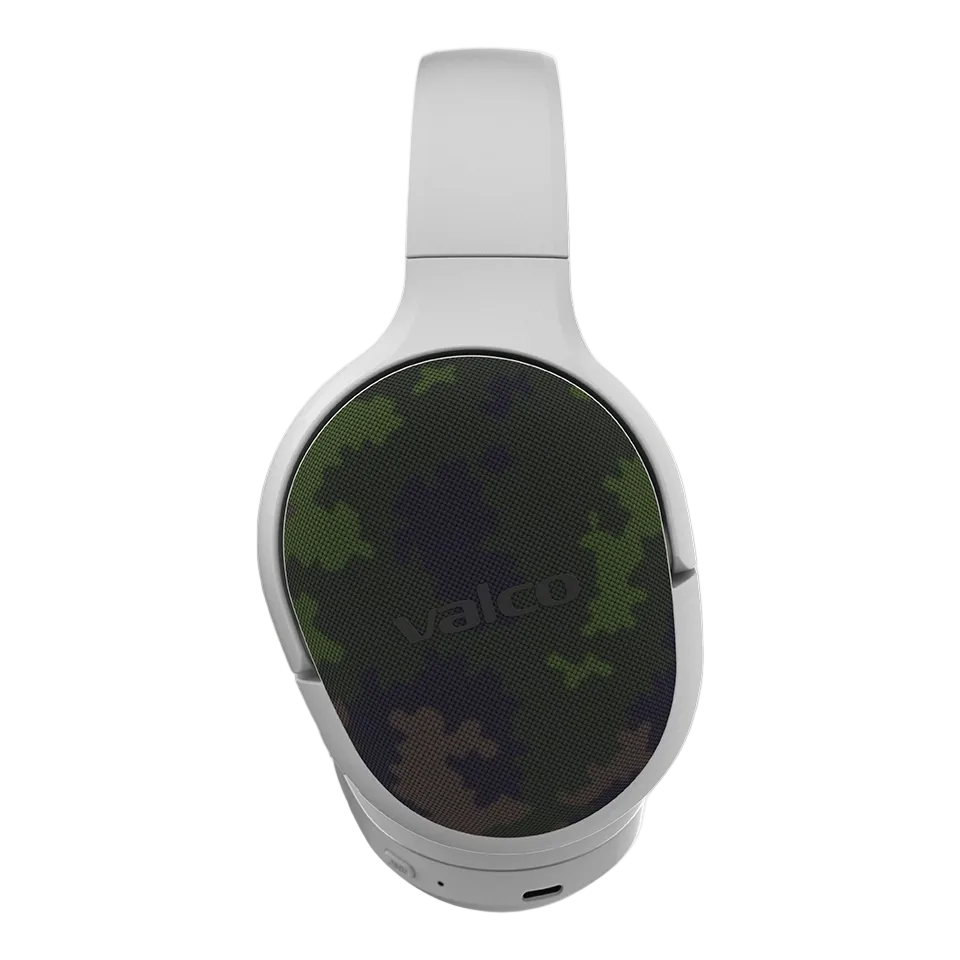 Valkoiset VMK25.2-kuulokkeet, vihreä maastokuvioitu Skin-kuori