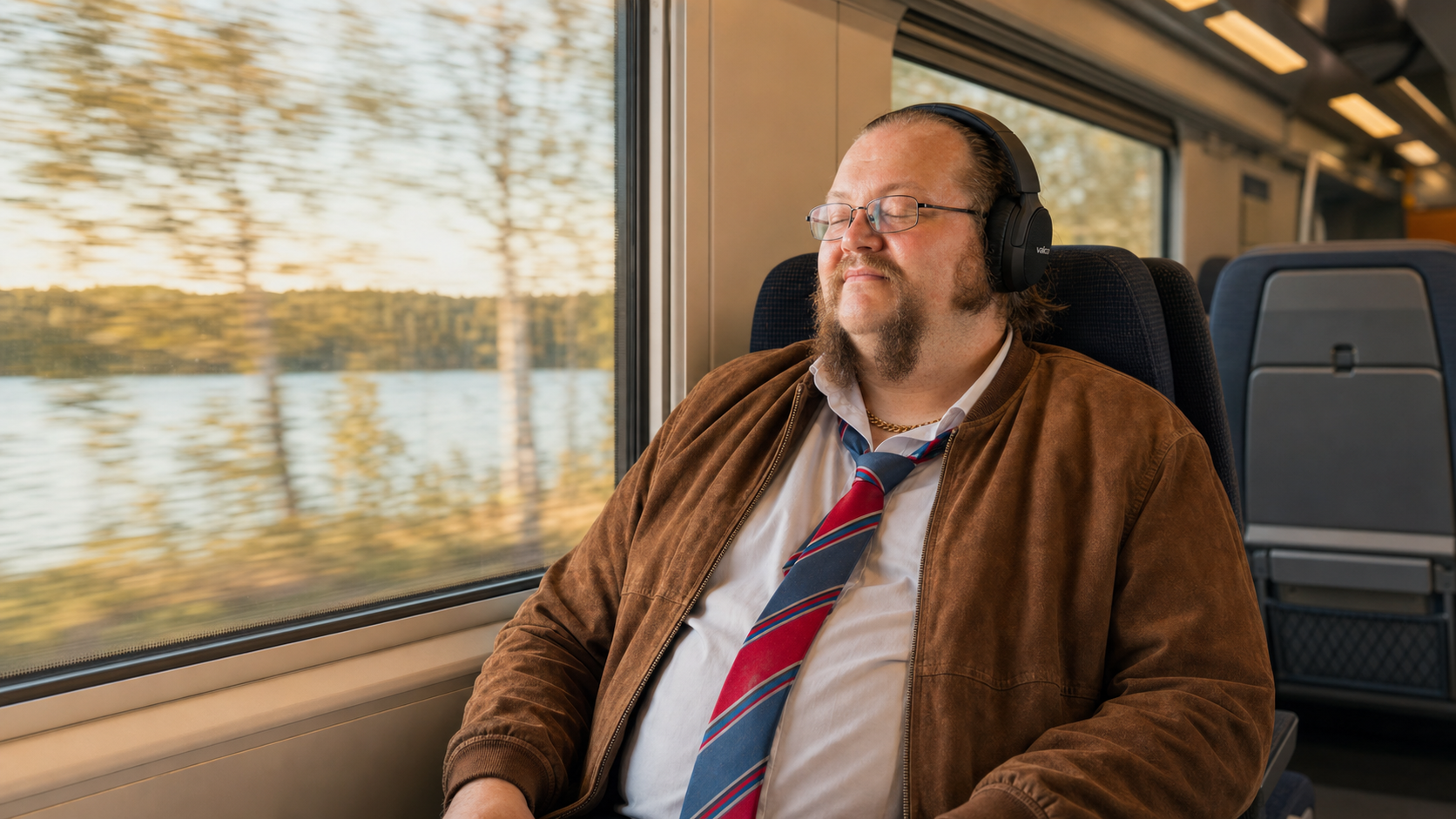 Raimo istuu junan ikkunapaikalla Valco VMK25 -vastamelukuulokkeet päässä